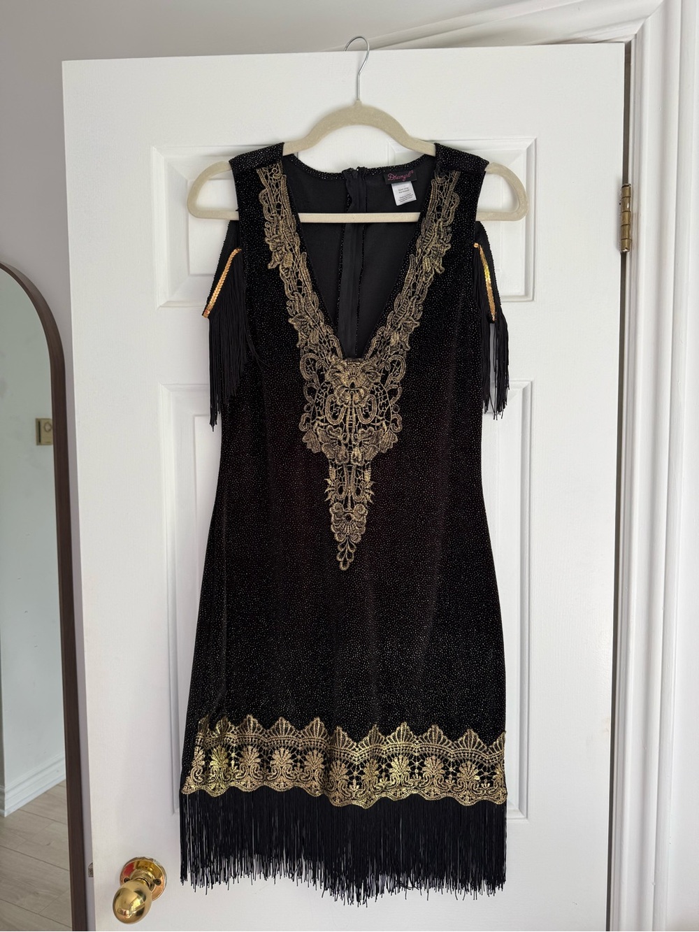 Dreamgirl Black Velvet Mini Dress with Gold Embellishment and Fringe